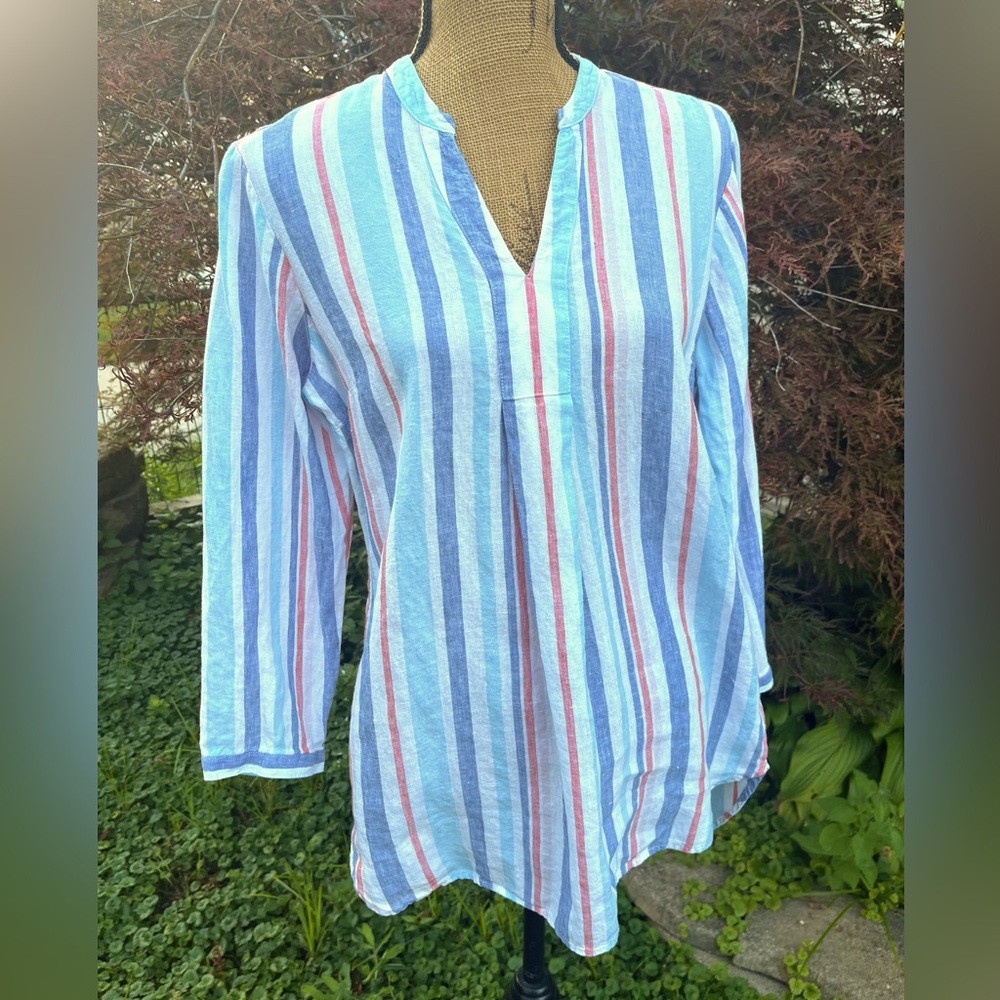 L.L. Bean Relaxed Fit Linen Tunic Shirt Summer Striped Size Medium